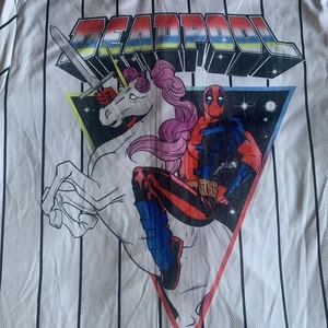 NEW Marvel Deadpool Unicorn White & Black Pinstripes Baseball Jersey Size L - Picture 1 of 6