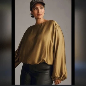 ANTHROPOLOGIE seidige Bluse Ballonärmel goldgrün Medium - Bild 1 von 9