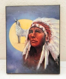 NATIVE AMERICAN INDIAN WOOD LITHO WALL PLAQUE CAROSELLI ART 8X10 CHIEF WITH WOLF - Picture 1 of 2