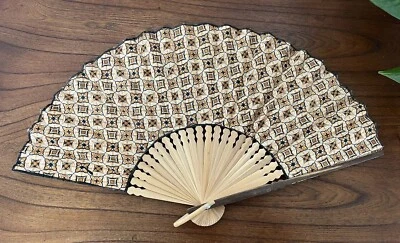 Vintage Hand Fan Brown Fabric Folding Fan From Indonesia Wooden Pattern Retro - Image 1 of 4