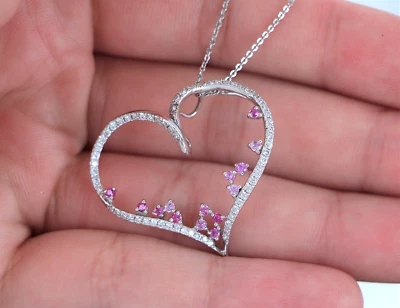 $2950 KPS 14k White Gold Pink Sapphire Pave Diamond Heart Shape Pendant Necklace - Image 1 of 4