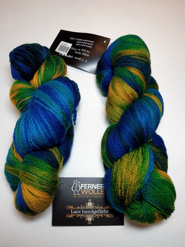 100 g Strang handgefärbtes Lacegarn 500, Merino 19mic, Farbe D604 blau-grün-gelb - Bild 1 von 1