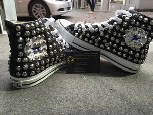 Converse All Star Nere Alte personalizzate con Borchie Grigie Clean Stella Star - Picture 1 of 4