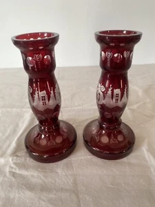 Vintage Bohemian Czech Glass Candlesticks Ruby Red Cut to Clear Castle Egermann - Picture 1 of 11