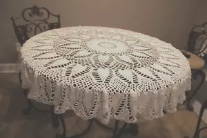 Vntg Cotton Handcrafted Crochet Lace 60" Round Tablecloth Doily White Handmade - Picture 1 of 11