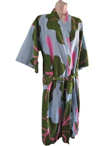 Marimekko Ikea Blue Green Pink Leaf Print Kimono Robe Cotton S GUC - Picture 1 of 14