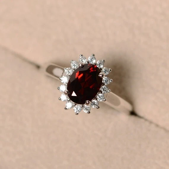 1.80 Ct Oval Cut Real Garnet & Diamond Engagement Ring 14K Solid  White Gold - Image 1 of 4