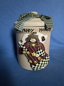 Ceramic Christmas Angel COOKIE JAR Happy Holidays 6" tall Ribbon Winter Décor - Picture 1 of 12