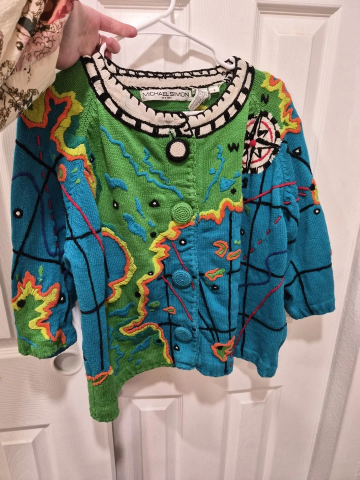 Micheal Simon Women's Sweater Size M Blue Multi-Color Embroidered World Map - Image 1 of 4