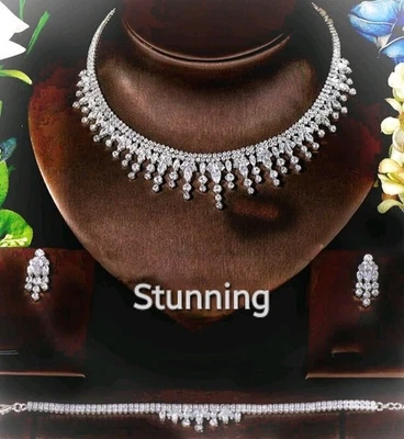 14k White Gold Plated Tassel Bridal Jewelry Set Lab-Created Swarovski Baguette  - Image 1 of 3