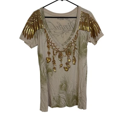 Sinful by Affliction Shirt Womens Large Graphic Angel Metallic Tattoo MMA Gold - Image 1 of 4
