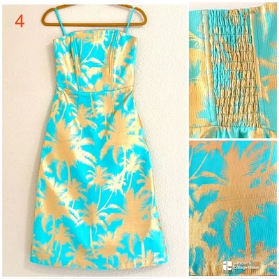 Tori Richard Strapless Bustier Midi Dress 4 Turquoise Blue Gold Palm Tree Boning - Image 1 of 4