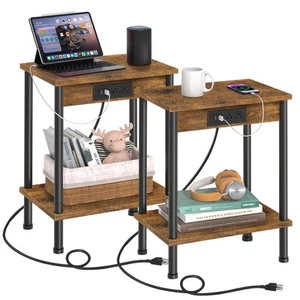 End Table with Charging Station,Small Side Table,2-Tier Nightstand with Stora... - Picture 1 of 6