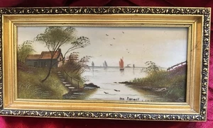 Vintage Seaside Landscape Painting on Glass “Runswick” Scene Framed 11x5” - Picture 1 of 5