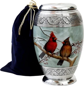 Beautiful Cardinal Couple Bird Cremation Large Urn for Human Ashes - Handcrafted - Picture 1 of 7