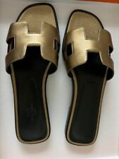 HERMES Oran Sandals Flat Shoes Leather Gold Size EU36.5/US6.5 H Logo Women