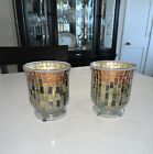 Two Small Mosaic Multi-Color Painted Glass Candle Holders