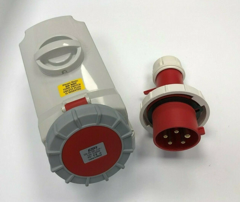 Red 32Amp 5 Pin Interlocked Socket + Plug Waterproof IP67 415v 3 Phase 3P+N+E  - Image 1 of 4