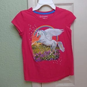 Girls Alicorn Rainbow Stars Floral Hot Pink Graphic T Shirt Medium 7-8 - Picture 1 of 5