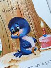 Vintage 1950's Illustrated Blue Bird 1 Candle Worm Birthday Greeting Card EB3794