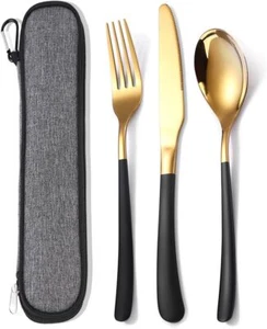 Stainless Steel Cutlery Set for 1, Reusable Flatware Set (B- 3 Black Gold) - Picture 1 of 6