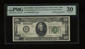 DBR 1928-B $20 DGS FRN New York Fr. 2052-Bdgs PMG 30 Serial B20007010A - Picture 1 of 2