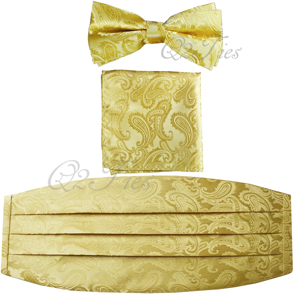 全新 Paisley 男式 Cummerbund And Pretied Bowtie & Pocket 方形手帕套装 — 第 1/1 张图片