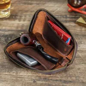 Leather Smoking Tobacco Pipe Pouches Small Zipper Case Bag Pipe Travel Holder - Picture 1 of 6