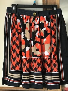 Michael Kors Pleated Skirt Floral Print Denim Waist Logo Zipper Button Size 8 - Picture 1 of 15