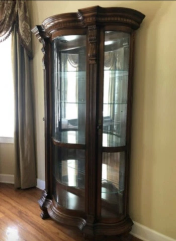 Wood Curio Cabinet with curved glass and beautiful carvings Cover
