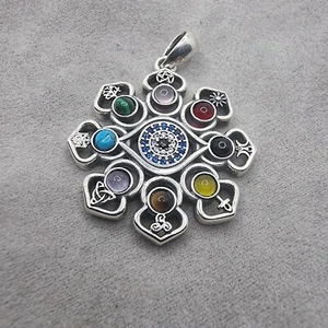 925 Sterling Silver Hecate Lotus Evil Eye Pentagram Pendant with Multicolor Gems