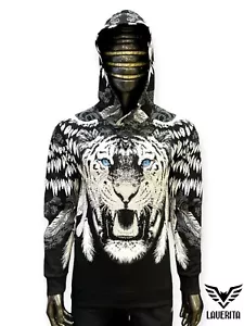 New Men’s White Tiger Hoodie Black Graphic Pullover Sweatshirt with Blue Eyes - Picture 1 of 1