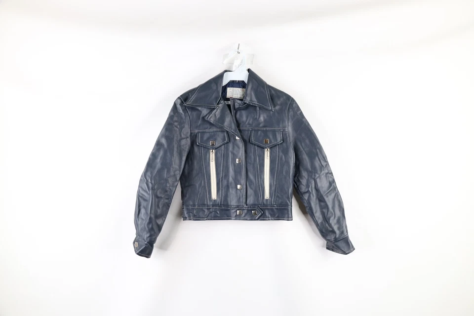 Vintage 70s Streetwear Womens 7/8 Studded Faux Leather Motorcycle Jacket Blue - Image 1 of 4