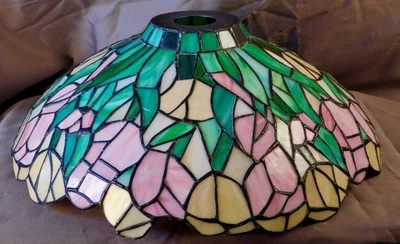 Tiffany Style Stained Glass Pink, Cream and shades of green Table lamp Shade - Image 1 of 4