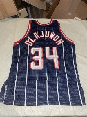 AUTHENTIC Hakeem Olajuwon Champion JERSEY Men 48 Houston Rockets Blue Gold Clean - Image 1 of 4