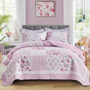 Patchwork Quilt Set Queen Size,3 Pieces Pink White Green Floral Plaid Reversi... - Bild 1 von 9