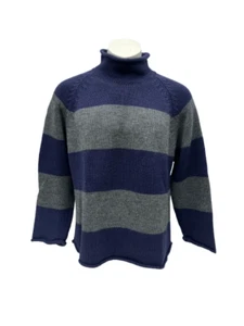 Vintage J. Crew Blue Gray Striped Roll Neck Sweater 100% Wool Lightweight Mens L - Picture 1 of 12