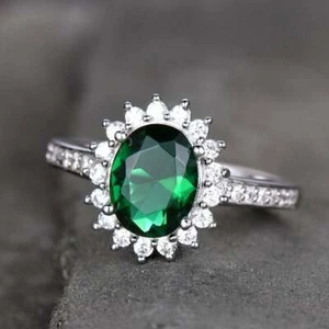 3.20Ct Oval Cut Moissanite Green Emerald 14K White Gold Plated Halo Cluster Ring - Picture 1 of 6