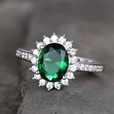 3.20Ct Oval Cut Moissanite Green Emerald 14K White Gold Plated Halo Cluster Ring - Image 1 of 4