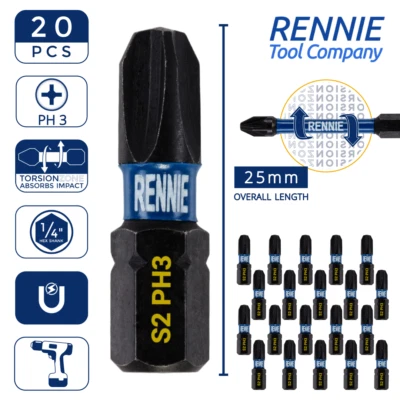 RENNIE TOOL COMAPNY 20 x PH3 25mm Long Magnetic Impact Duty Screwdriver Drill Driver Bits Phillips 3