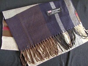 Bufanda de invierno 100% cachemira bufanda Escocia a cuadros cálidos azul marino chal beige NUEVO - Imagen 1 de 4