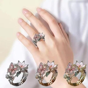 Ladies Adjustable Pink Vintage Ring Diamond Drop Butterfly Flower Ring{ - Picture 1 of 10