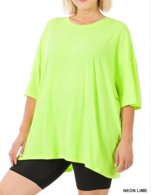 Zenana  2X Cotton Oversized Drop Shoulder Boxy Boyfriend Round Neck Tee Top Lime - Image 1 of 2