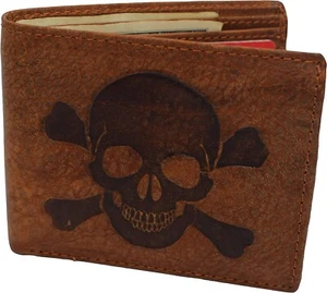 RFID Safe  Genuine Leather Wallets Men's Wallet Bifold Skull Engraved with ID - Picture 1 of 5