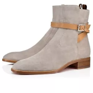 New Mens Handmade Grey Leather Buckle Strap Chelsea Dress Formal Ankle Boots - Picture 1 of 9