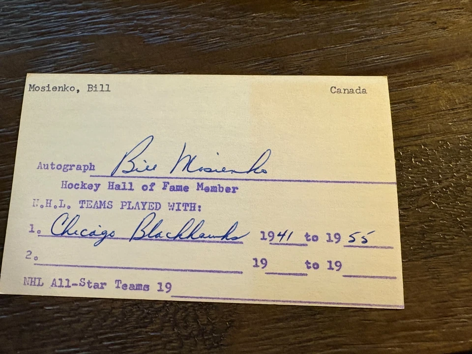 Tarjeta índice de hockey autografiada firmada por Bill Mosienko Chicago Black Hawks HOF 3x5 Foto 1 de 1