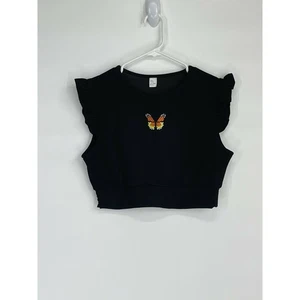 Neu Damen bauchfreies Oberteil Größe Medium schwarz bestickt Schmetterling Design Flügelärmel - Bild 1 von 4