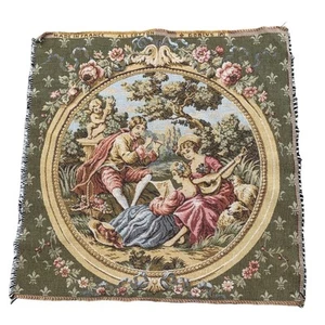 Vintage Französischer Kelche Wandteppich 19x19 Zoll - Musikszene mit Mann Frau & Cherub - Bild 1 von 9