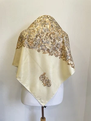 AS8# Caruso 100% Silk Scarf Beige Gold Baroque Floral Print Italy Vintage - Image 1 of 4