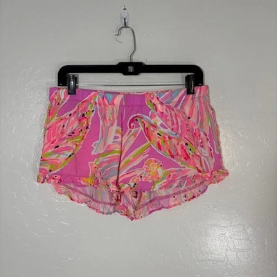 Lilly Pulitzer Shorts Womens Small Parrot Print Ruffle Hem Pajama Lounge Rayon - Image 1 of 4